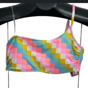 Swim Top Pink/yellow/blue checkered pattern by New Xhilaration bikini sz d/dd